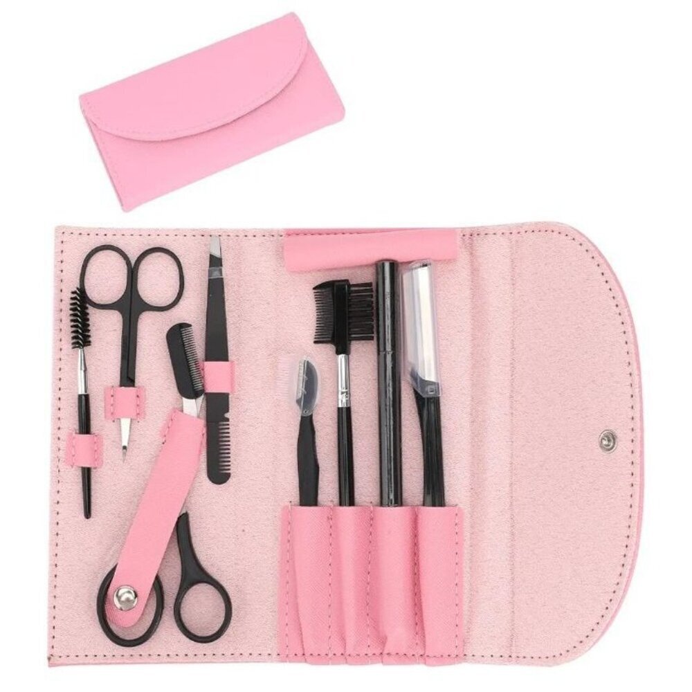 Professional Eyebrow Shaping Kit 8-Pc Set w Pink Leather Bag, Razor, Scissors